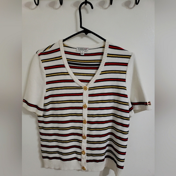 St. John Sport Striped Short Sleeve Button Down Top - Picture 1 of 4